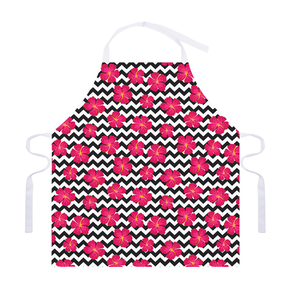 Pink Hibiscus Zigzag Pattern Print Adjustable Apron