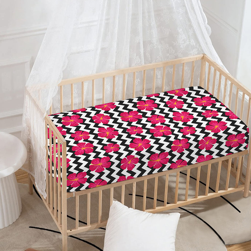 Pink Hibiscus Zigzag Pattern Print Baby Crib Sheet
