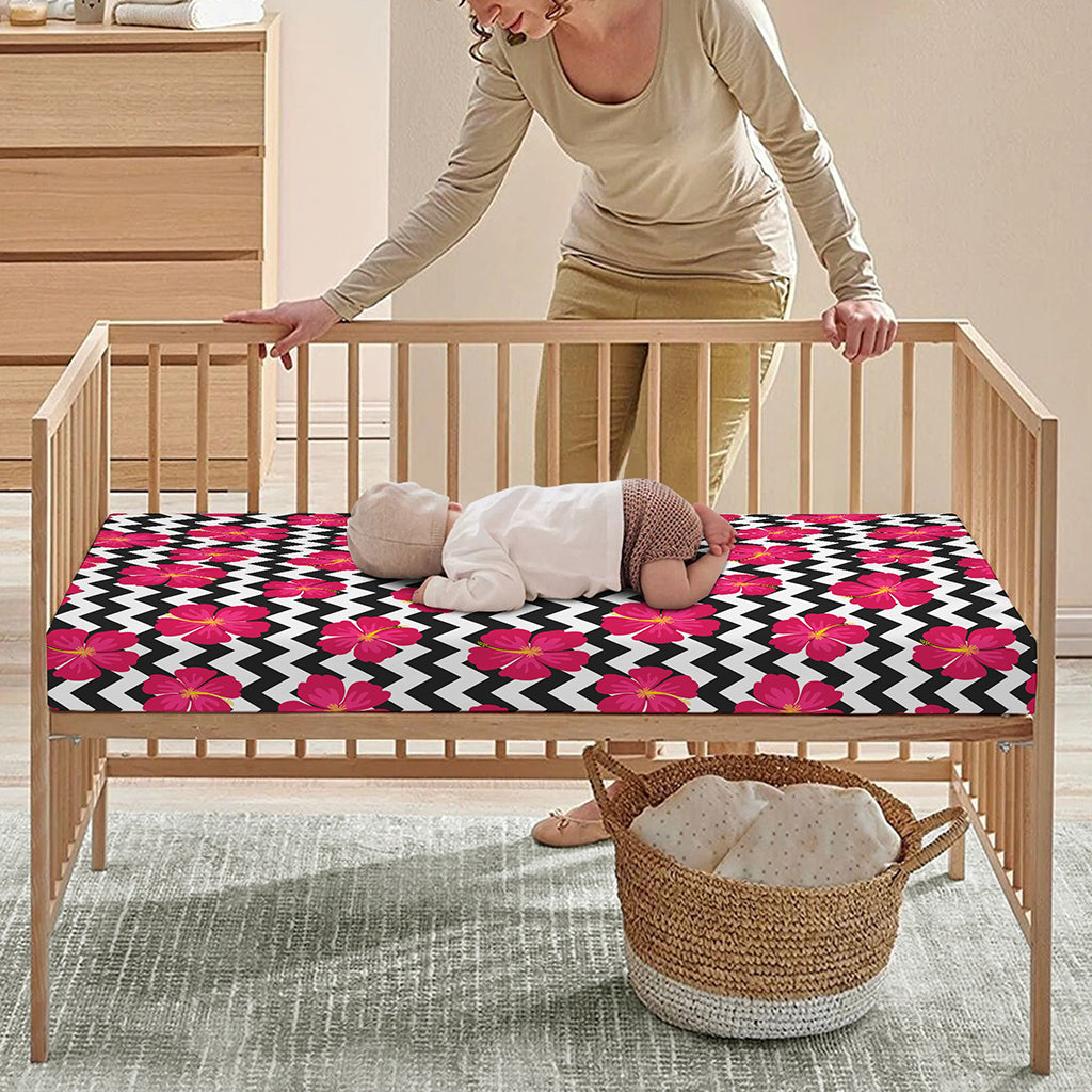 Pink Hibiscus Zigzag Pattern Print Baby Crib Sheet