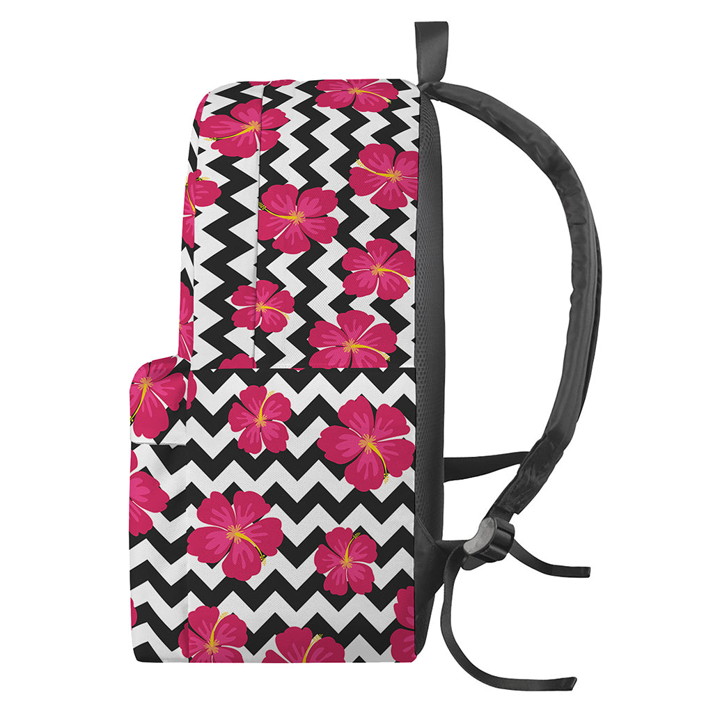 Pink Hibiscus Zigzag Pattern Print Backpack