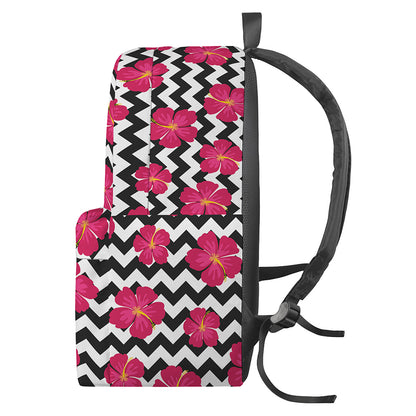 Pink Hibiscus Zigzag Pattern Print Backpack