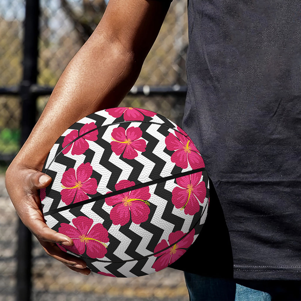 Pink Hibiscus Zigzag Pattern Print Basketball