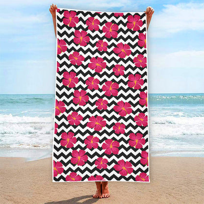 Pink Hibiscus Zigzag Pattern Print Beach Towel