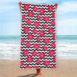 Pink Hibiscus Zigzag Pattern Print Beach Towel