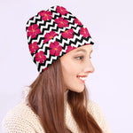 Pink Hibiscus Zigzag Pattern Print Beanie