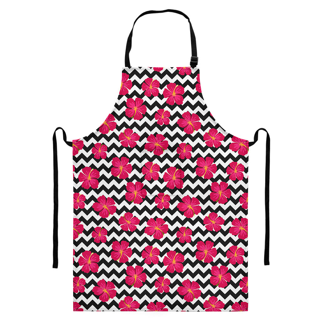 Pink Hibiscus Zigzag Pattern Print Bib Apron With Pocket