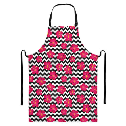 Pink Hibiscus Zigzag Pattern Print Bib Apron With Pocket