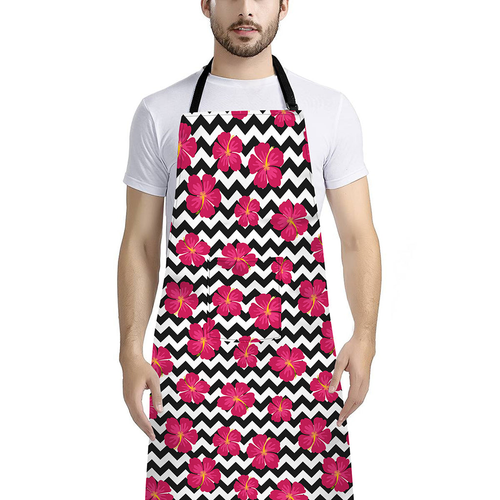 Pink Hibiscus Zigzag Pattern Print Bib Apron With Pocket