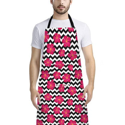 Pink Hibiscus Zigzag Pattern Print Bib Apron With Pocket