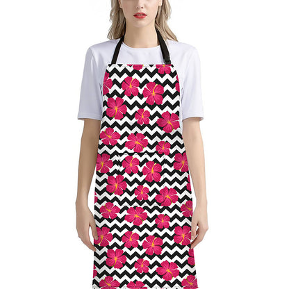 Pink Hibiscus Zigzag Pattern Print Bib Apron With Pocket