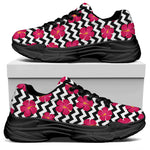 Pink Hibiscus Zigzag Pattern Print Black Chunky Shoes