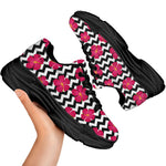 Pink Hibiscus Zigzag Pattern Print Black Chunky Shoes