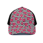 Pink Hibiscus Zigzag Pattern Print Black Mesh Trucker Cap