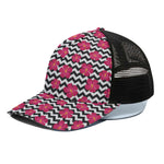 Pink Hibiscus Zigzag Pattern Print Black Mesh Trucker Cap