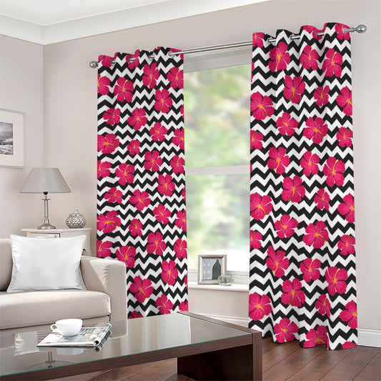 Pink Hibiscus Zigzag Pattern Print Blackout Grommet Curtains