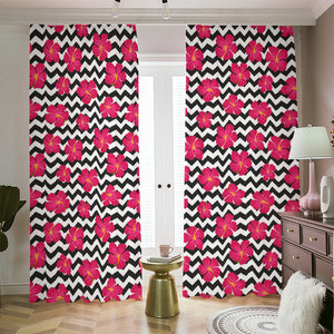 Pink Hibiscus Zigzag Pattern Print Blackout Pencil Pleat Curtains