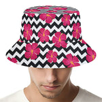 Pink Hibiscus Zigzag Pattern Print Bucket Hat