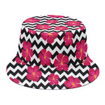 Pink Hibiscus Zigzag Pattern Print Bucket Hat