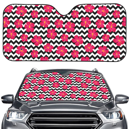 Pink Hibiscus Zigzag Pattern Print Car Windshield Sun Shade