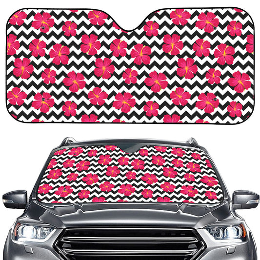 Pink Hibiscus Zigzag Pattern Print Car Windshield Sun Shade