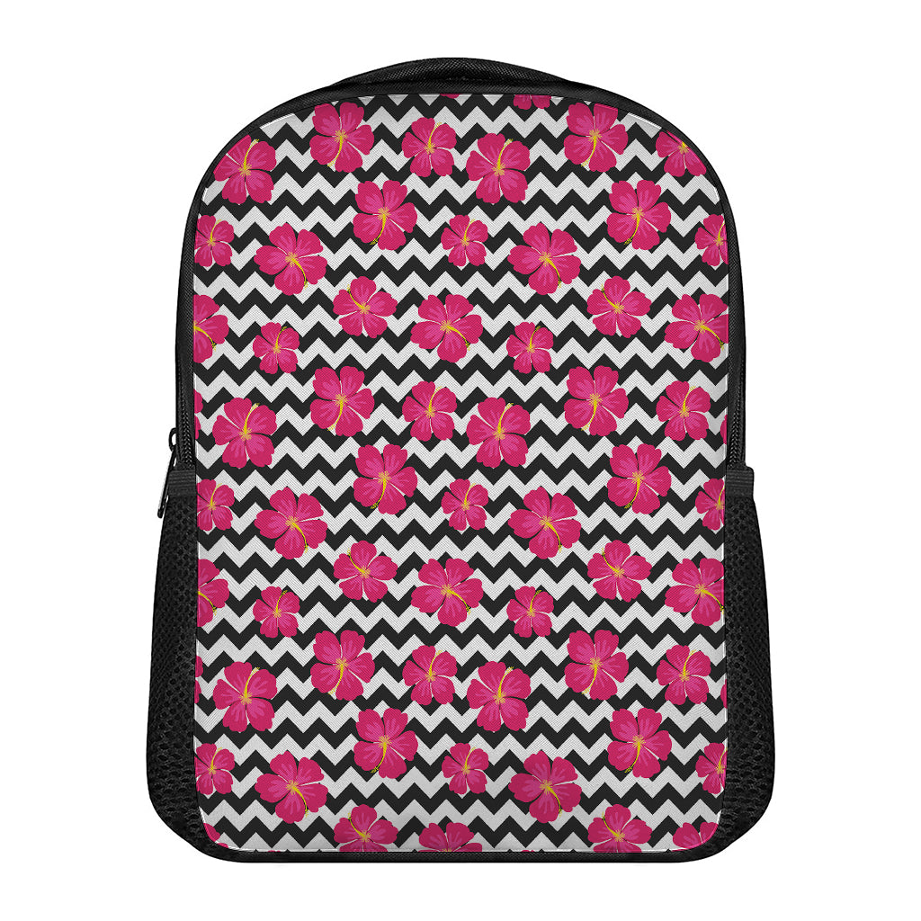 Pink Hibiscus Zigzag Pattern Print Casual Backpack