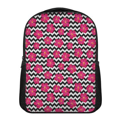 Pink Hibiscus Zigzag Pattern Print Casual Backpack