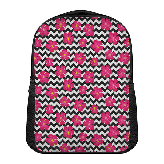 Pink Hibiscus Zigzag Pattern Print Casual Backpack