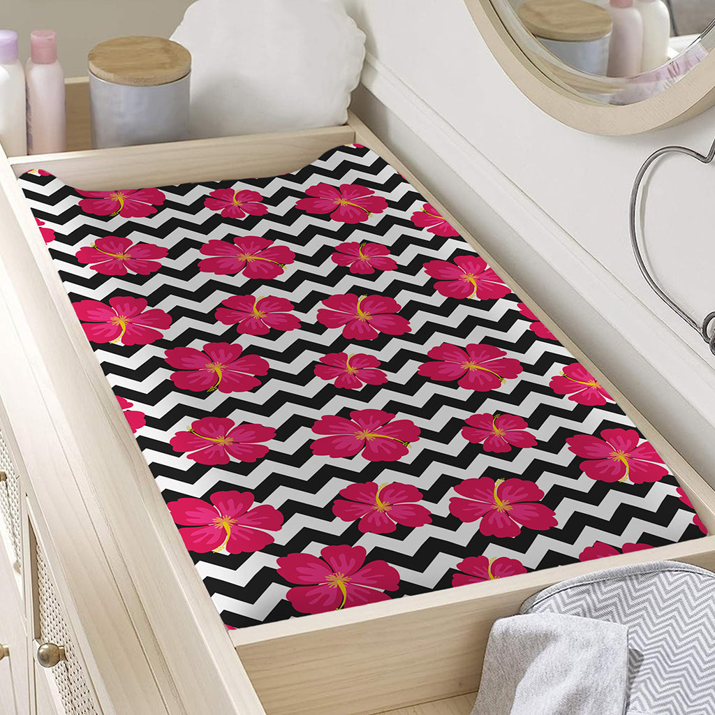 Pink Hibiscus Zigzag Pattern Print Changing Pad Cover