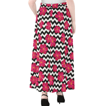 Pink Hibiscus Zigzag Pattern Print Chiffon Maxi Skirt