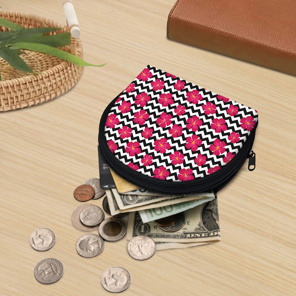 Pink Hibiscus Zigzag Pattern Print Coin Purse