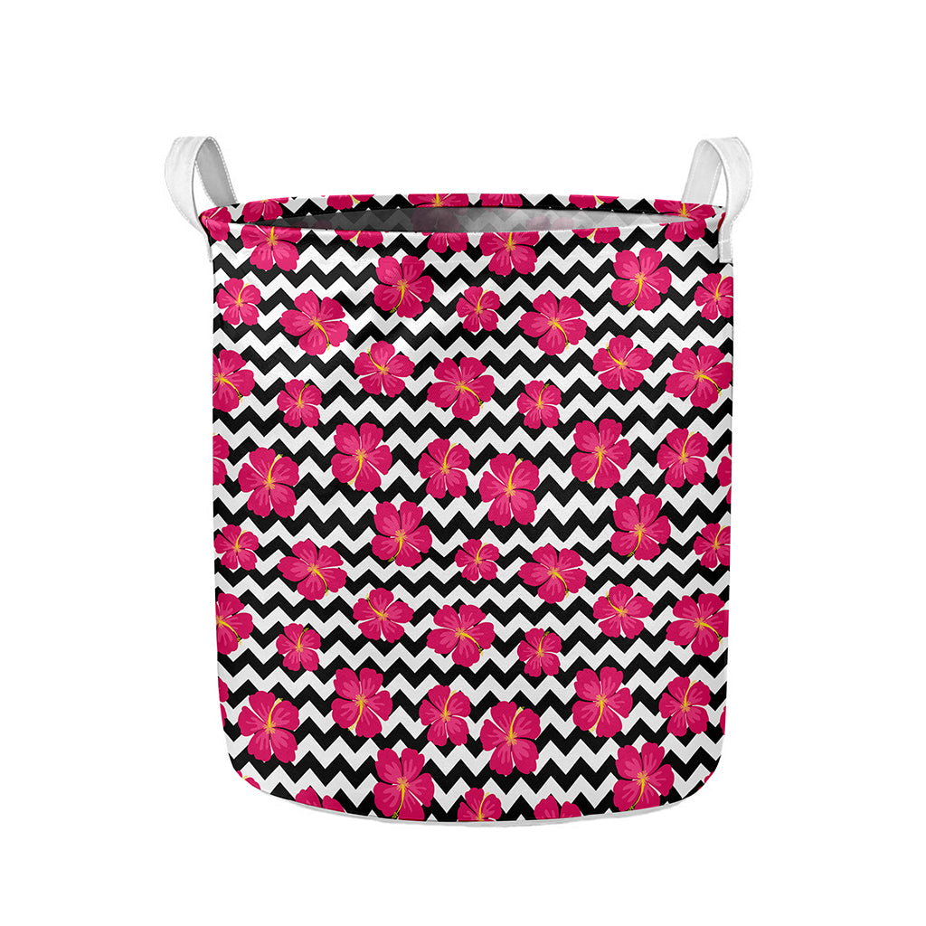 Pink Hibiscus Zigzag Pattern Print Collapsible Laundry Basket