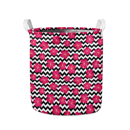 Pink Hibiscus Zigzag Pattern Print Collapsible Laundry Basket