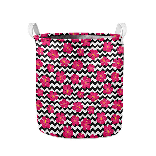 Pink Hibiscus Zigzag Pattern Print Collapsible Laundry Basket