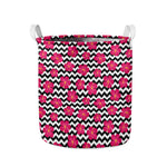 Pink Hibiscus Zigzag Pattern Print Collapsible Laundry Basket