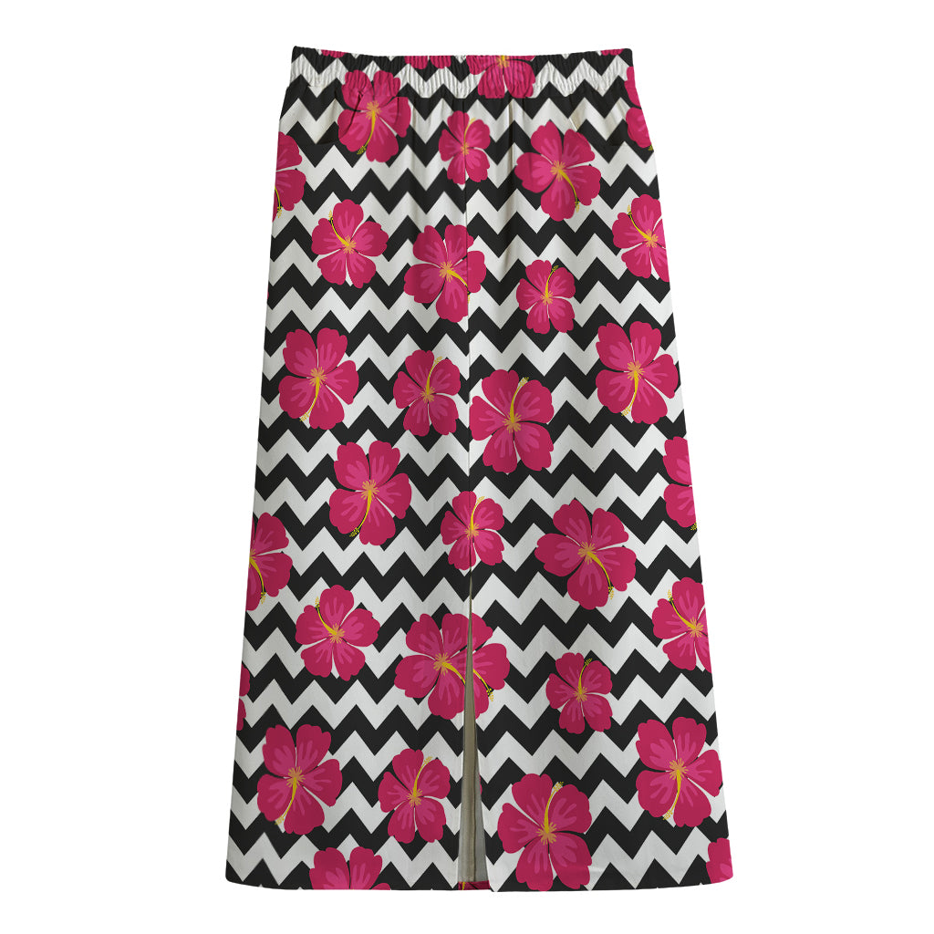 Pink Hibiscus Zigzag Pattern Print Cotton Front Slit Maxi Skirt