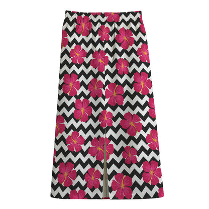 Pink Hibiscus Zigzag Pattern Print Cotton Front Slit Maxi Skirt