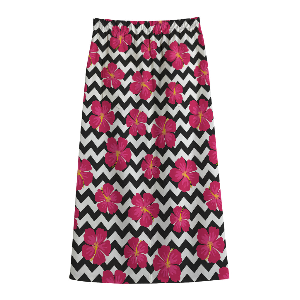 Pink Hibiscus Zigzag Pattern Print Cotton Front Slit Maxi Skirt