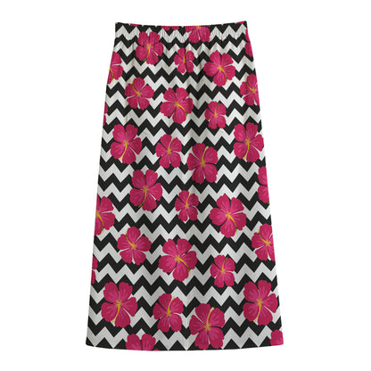 Pink Hibiscus Zigzag Pattern Print Cotton Front Slit Maxi Skirt