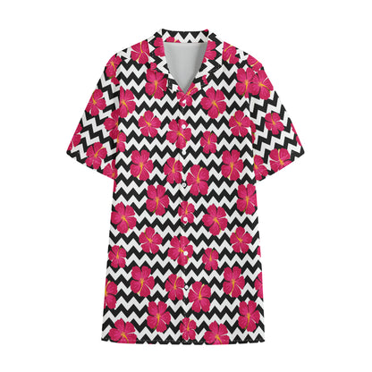 Pink Hibiscus Zigzag Pattern Print Cotton Hawaiian Shirt