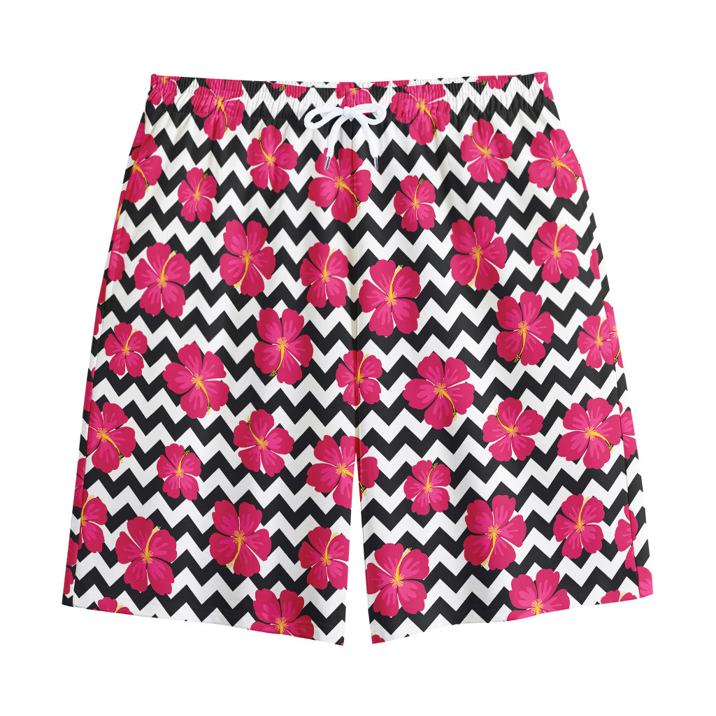 Pink Hibiscus Zigzag Pattern Print Cotton Shorts