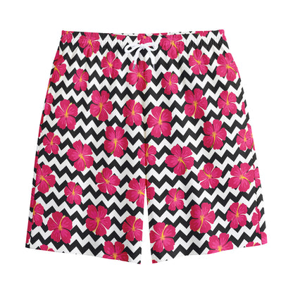 Pink Hibiscus Zigzag Pattern Print Cotton Shorts