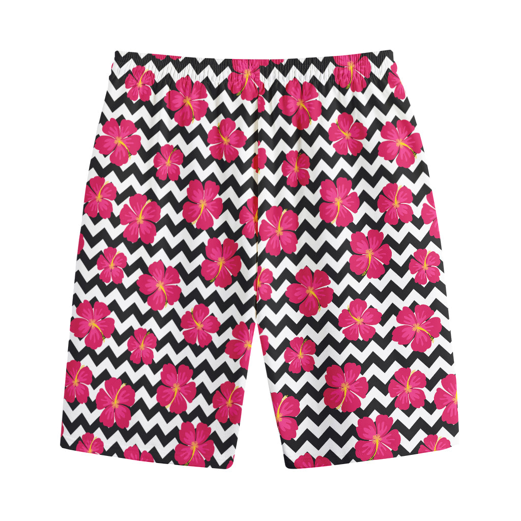 Pink Hibiscus Zigzag Pattern Print Cotton Shorts
