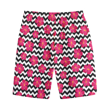 Pink Hibiscus Zigzag Pattern Print Cotton Shorts