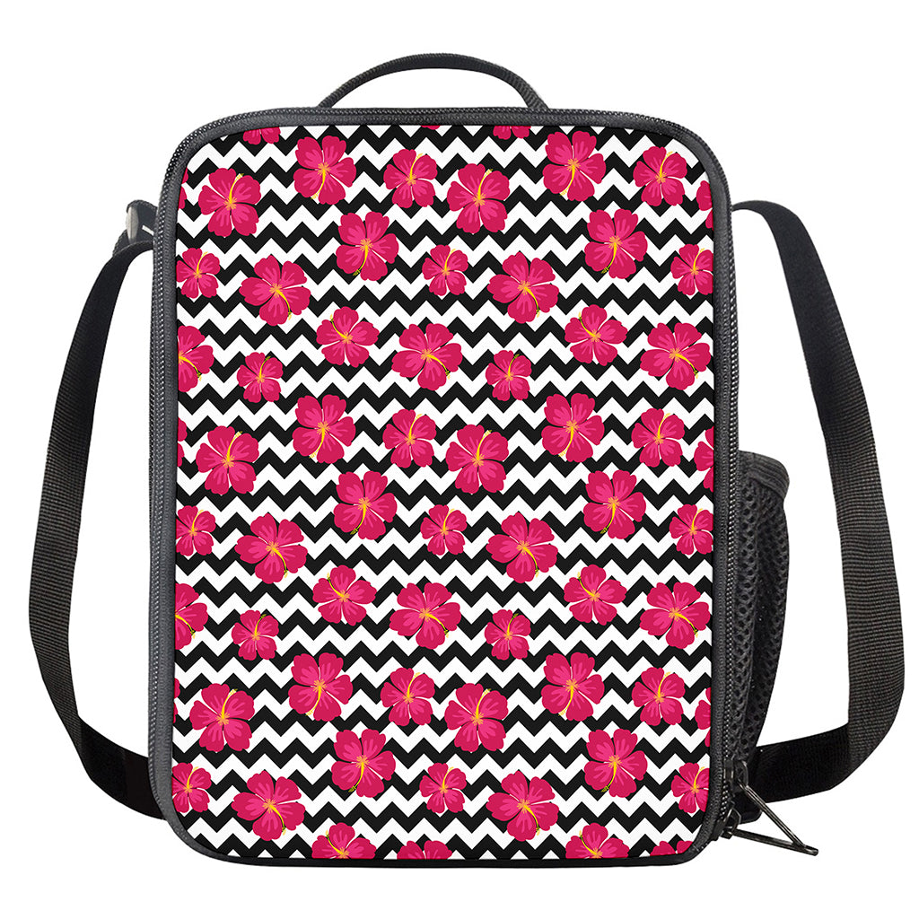Pink Hibiscus Zigzag Pattern Print Crossbody Lunch Bag