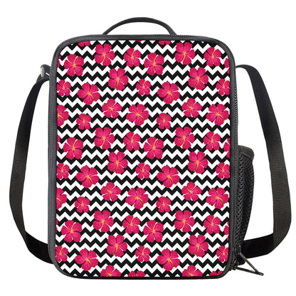 Pink Hibiscus Zigzag Pattern Print Crossbody Lunch Bag