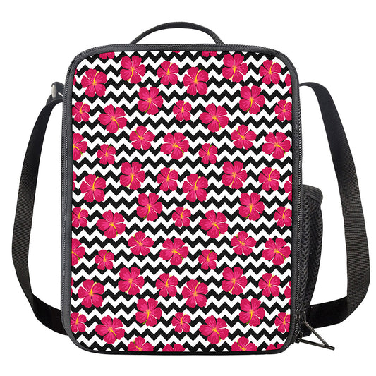 Pink Hibiscus Zigzag Pattern Print Crossbody Lunch Bag
