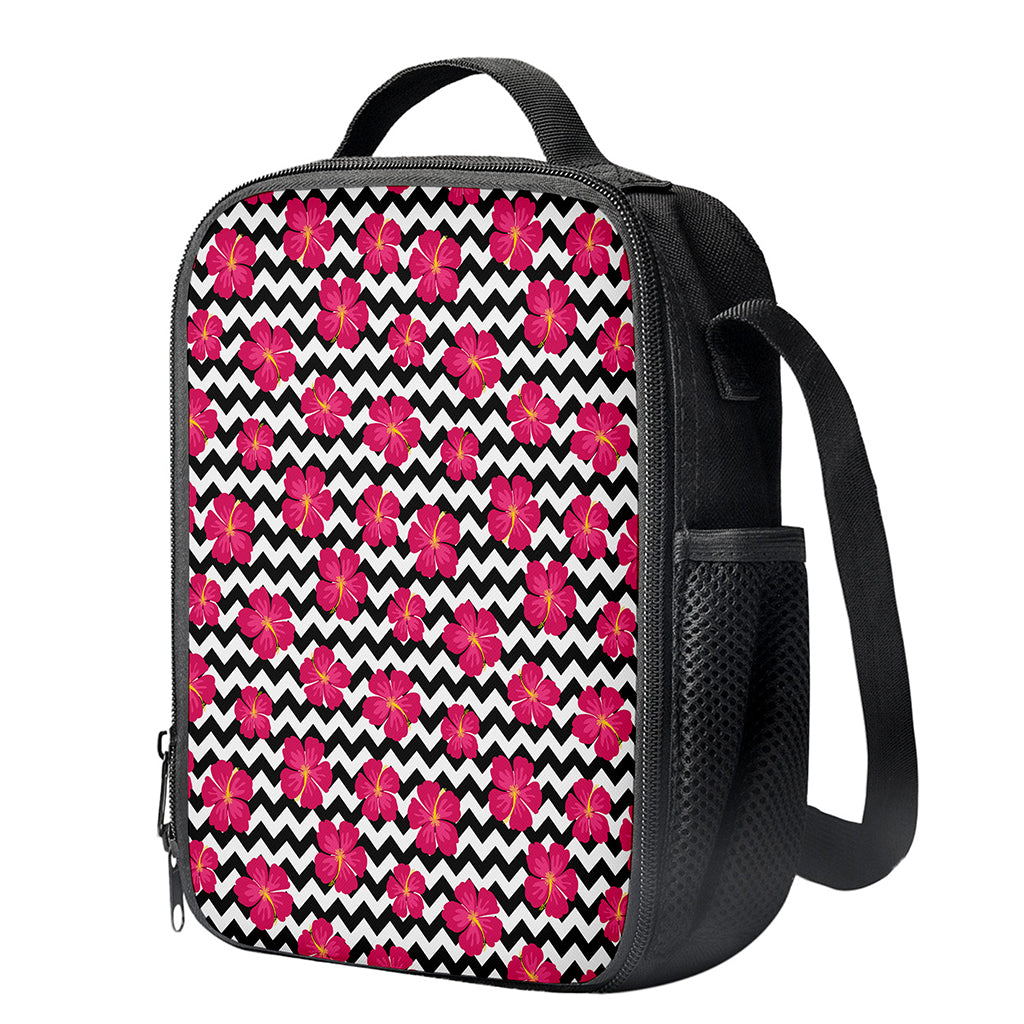 Pink Hibiscus Zigzag Pattern Print Crossbody Lunch Bag