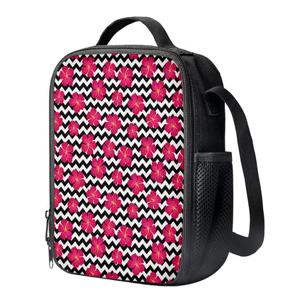 Pink Hibiscus Zigzag Pattern Print Crossbody Lunch Bag
