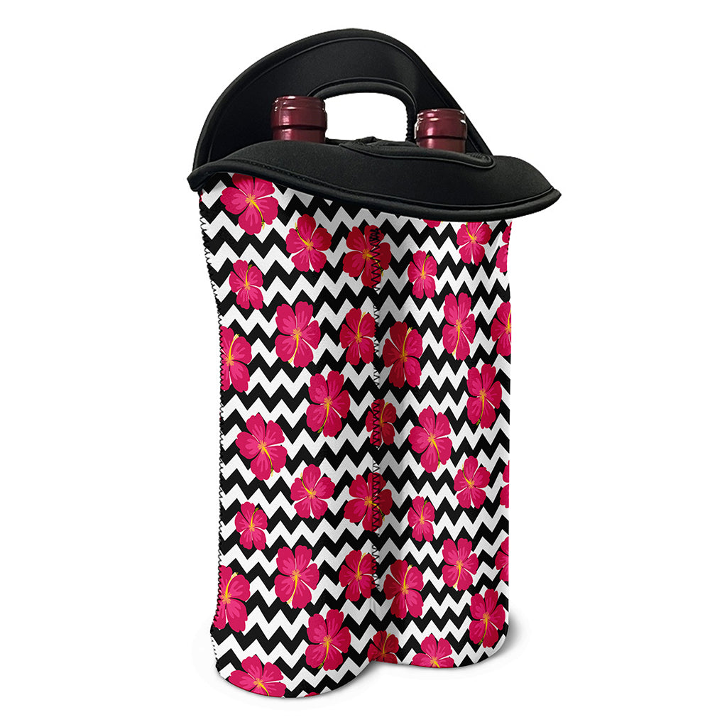 Pink Hibiscus Zigzag Pattern Print Double Neoprene Wine Tote
