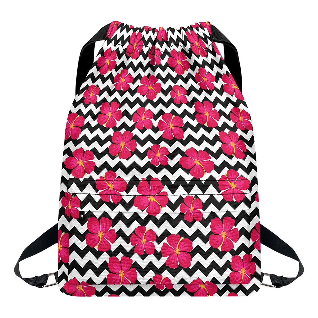 Pink Hibiscus Zigzag Pattern Print Drawstring Backpack